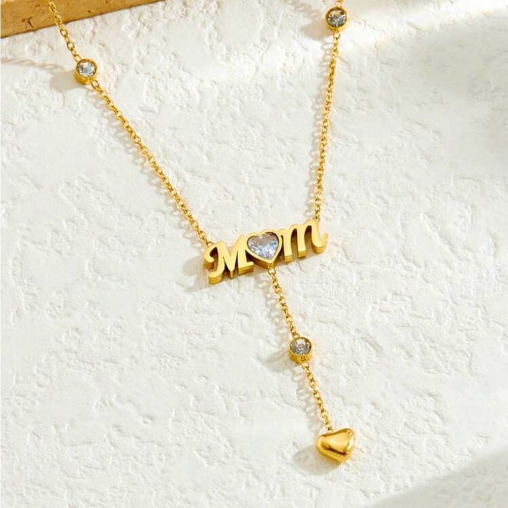 18K Gold Plated Mom Necklace | CZ Heart Drop Necklace | Mother’s Day Gift - Picture 2 of 5